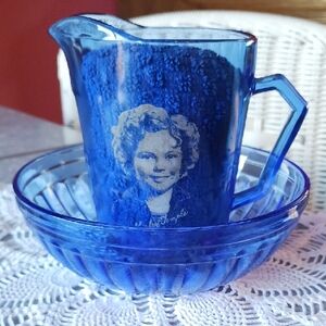 Vintage~ Shirley Temple cobalt blue creamer & bowl